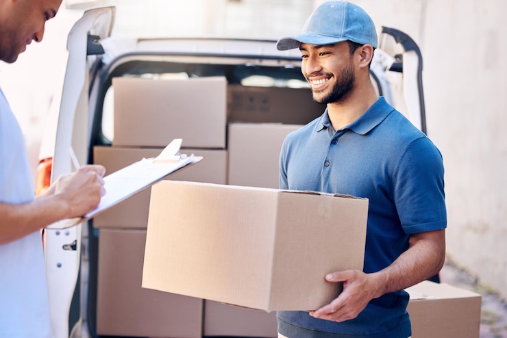 Foto hombre de entrega logística y cliente con clipboard para firmar el acuerdo y la prueba de envío servicio de mensajería cliente masculino y empleado con papeleo caja paquete y paquete al aire libre en furgoneta