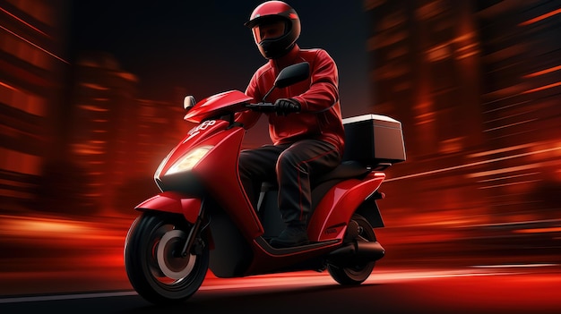 Hombre de entrega de mensajería en uniforme con cajas en un ciclomotor aislado en fondo rojo y negro