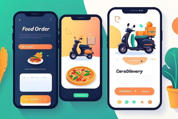 Foto hombre de entrega o mensajero montando scooter para el servicio de caja de comida rápida y concepto de aplicación telefónica vector