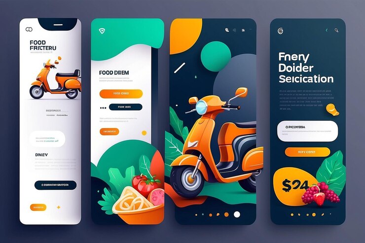 Foto hombre de entrega o mensajero montando scooter para el servicio de caja de comida rápida y concepto de aplicación telefónica vector