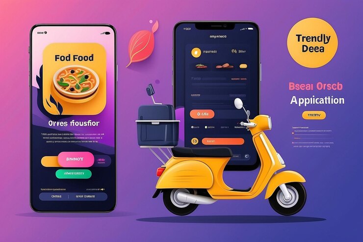 Foto hombre de entrega o mensajero montando scooter para el servicio de caja de comida rápida y concepto de aplicación telefónica vector