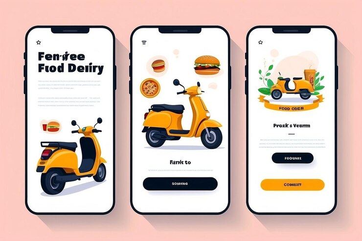 Foto hombre de entrega o mensajero montando scooter para el servicio de caja de comida rápida y concepto de aplicación telefónica vector