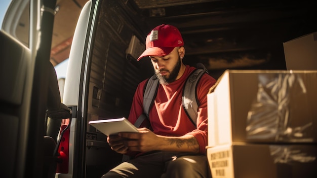 Foto hombre de entrega de paquetes en un coche con paquetes en sus manos con una tableta concepto de negocio de transporte