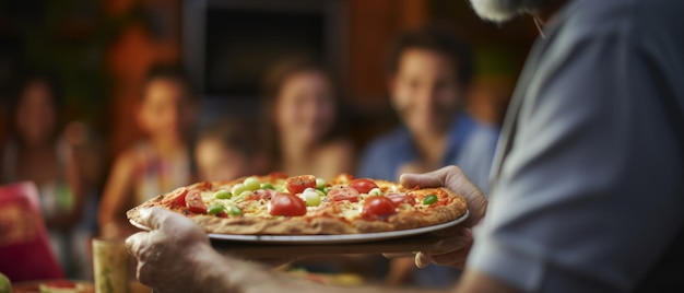 El hombre entrega pizza caliente casera cocida a la familia En el fondo la familia espera comida italiana