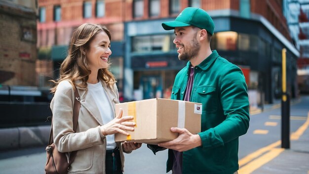 Hombre de entrega que entrega la caja de paquetes de retención al cliente