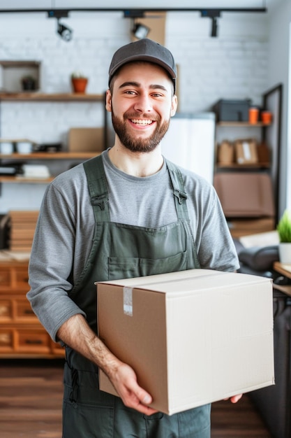 El hombre de la entrega sonriente con un delantal verde sosteniendo un paquete en una cocina moderna