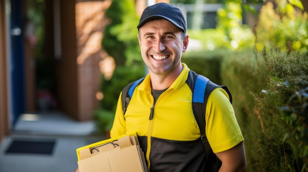 Un hombre de entrega sonriente en un uniforme amarillo sostiene un paquete listo para entregarlo a una casa de árboles y un porche visible en el fondo