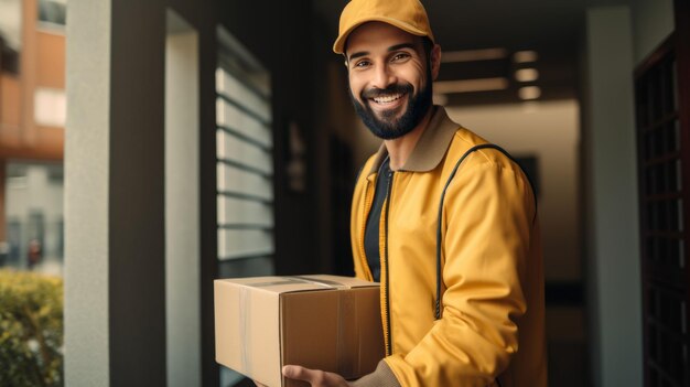 Un hombre de entrega sonriente en un uniforme amarillo sostiene un paquete listo para entregarlo a una casa de árboles y un porche visible en el fondo