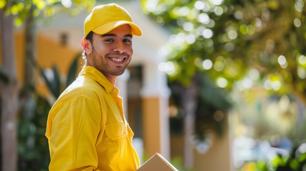 Foto un hombre de entrega sonriente en un uniforme amarillo sostiene un paquete listo para entregarlo a una casa de árboles y un porche visible en el fondo