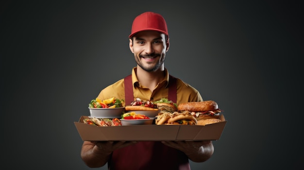 Foto hombre de entrega sonriente en uniforme y gorra sosteniendo una bandeja llena de varios alimentos