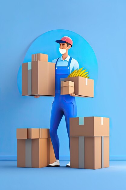 Hombre de entrega sosteniendo cajas de cartón aisladas en fondo azul Servicio de mensajería Banner de entrega