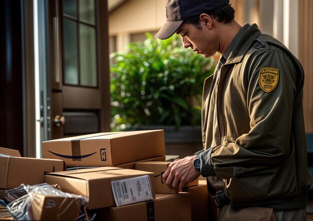 hombre de entrega en uniforme con cajas de paquetes en la puerta de su casa