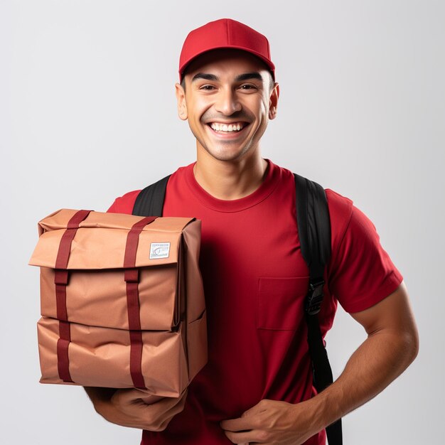 Foto un hombre de entrega de uniforme rojo con un paquete aislado sobre un fondo blanco