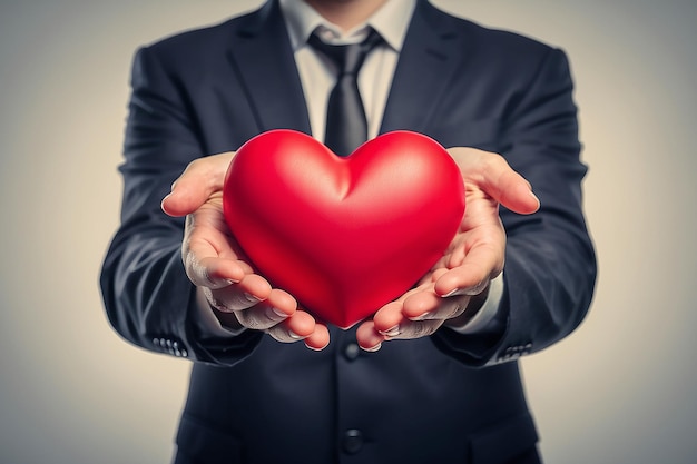 El hombre entregando un corazón rojo símbolo de San Valentín