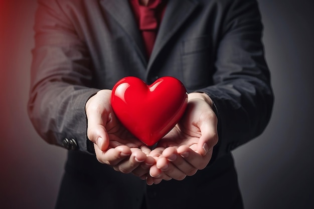 El hombre entregando el símbolo de San Valentín de corazón rojo.