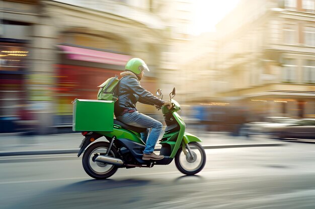 Foto un hombre de entregas montando una motocicleta a través de una gran ciudad