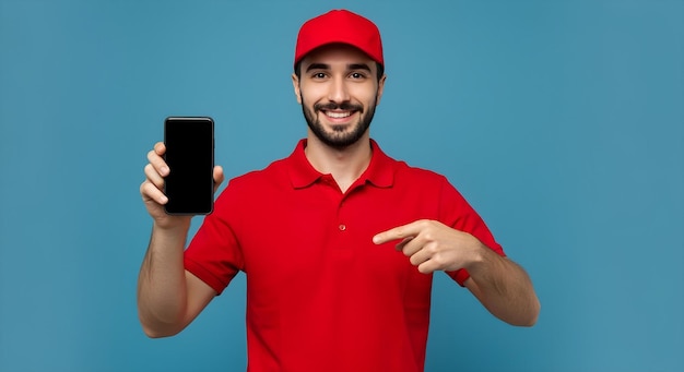 Hombre de entregas en uniforme rojo apuntando a un teléfono inteligente con una pantalla en blanco