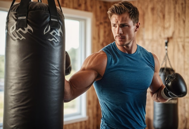 Un hombre entrena intensamente con un saco de boxeo en un gimnasio la concentración y la fuerza que exhibe son palpables
