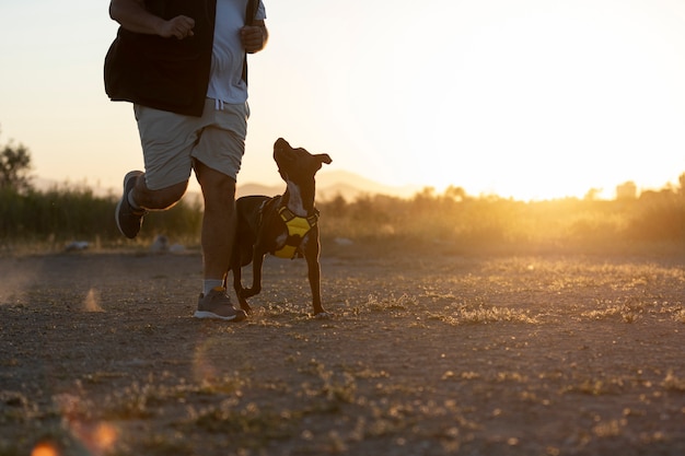 Foto hombre entrenando a su perro al aire libre al atardecer