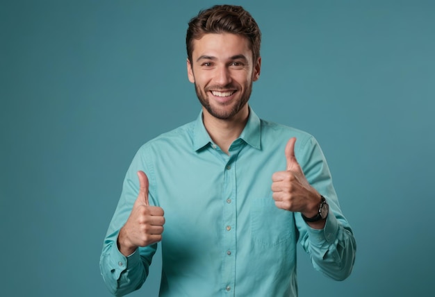 Un hombre entusiasta vestido de azul verde hace un gesto de pulgar con ambas manos que exuda una vibración positiva