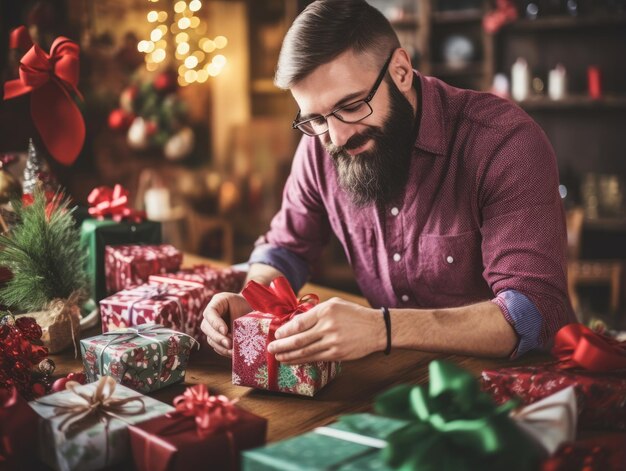 Hombre envolviendo regalos con papel de envolver con temática navideña