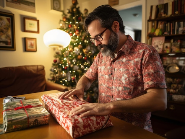 Hombre envolviendo regalos con papel de envolver con temática navideña