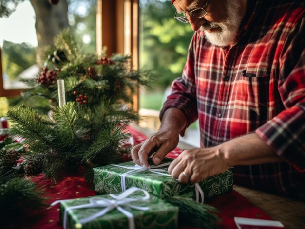 Hombre envolviendo regalos con papel de envolver con temática navideña