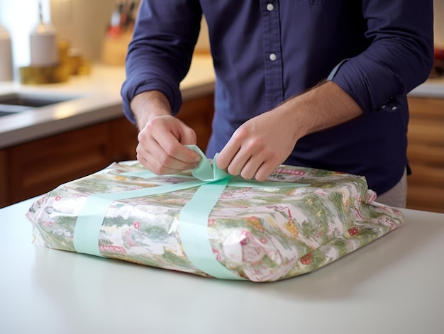 Hombre envolviendo regalos con papel de envolver con temática navideña