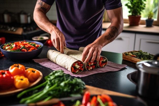 Hombre envolviendo verduras de barbacoa en una tortilla