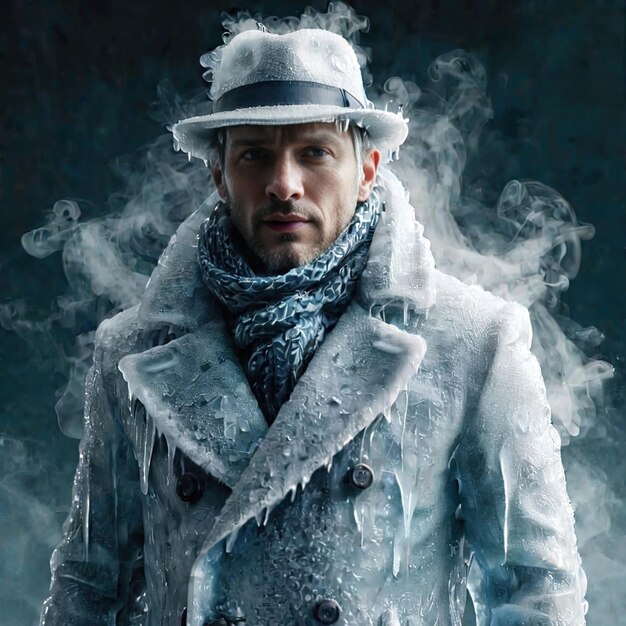 Hombre envuelto en abrigo frío congelado y cubierto de hielo