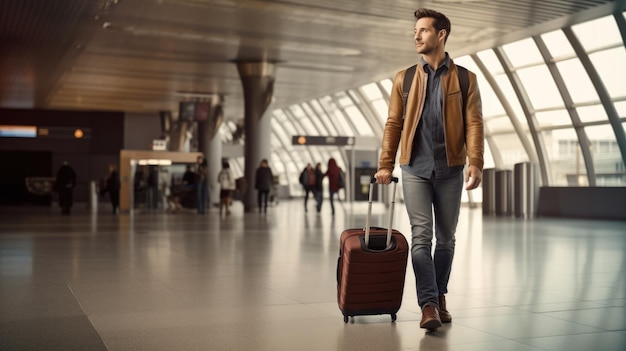 Hombre con equipaje en la terminal del aeropuerto