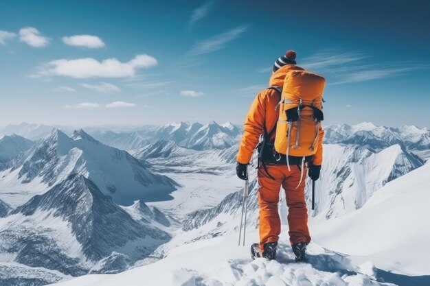 Hombre con equipo está escalando altas montañas cubiertas de nieve