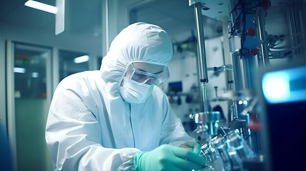 Hombre con equipo de protección que abre el tanque en la planta química Equipo de laboratorio con líquido azul dentro de la mesa con un científico masculino que usa traje de protección