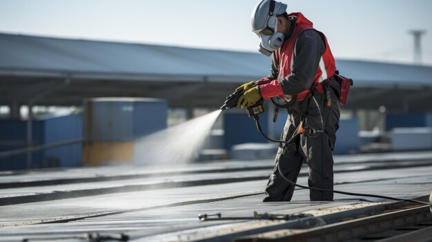 Hombre con equipo de seguridad rociando agua en el techo