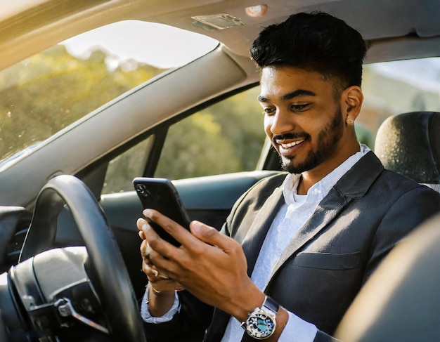 Un hombre es retratado usando un teléfono móvil mientras está dentro de un coche con un fondo borroso