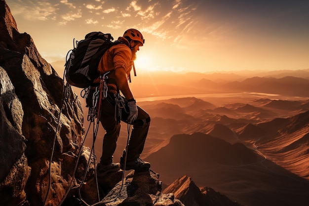 Hombre escalando en un acantilado rocoso con cuerda y equipo de seguridad con vistas a la montaña al amanecer.