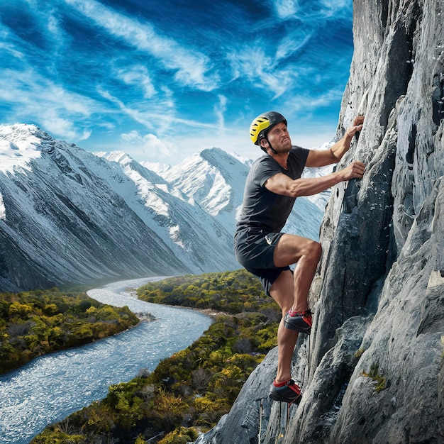 Hombre escalando en un hermoso paisaje