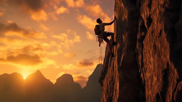 Un hombre escalando una montaña al atardecer con la puesta de sol detrás de él.