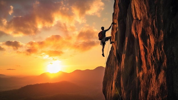 Un hombre escalando una montaña al atardecer con la puesta de sol detrás de él.