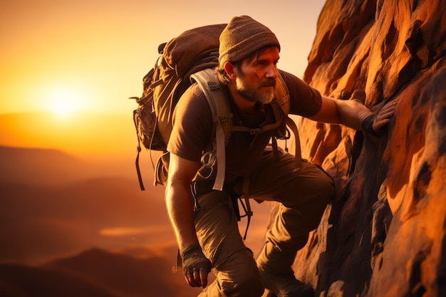 Hombre escalando una montaña con una mochila en IA generativa