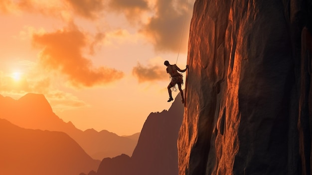 Un hombre escalando una montaña con la puesta de sol detrás de él.