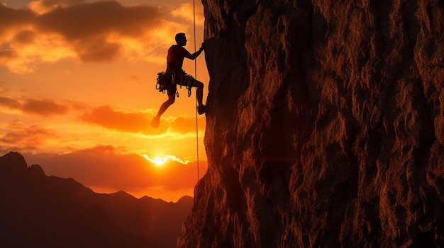 Un hombre escalando una montaña con la puesta de sol detrás de él.