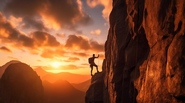 Un hombre escalando una montaña con una puesta de sol de fondo