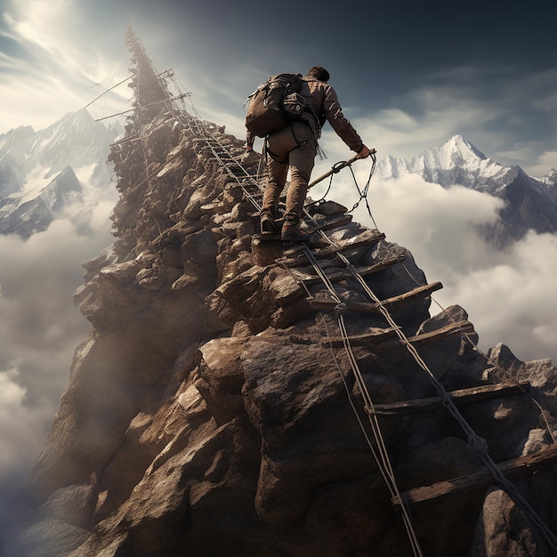 Foto el hombre está escalando la montaña