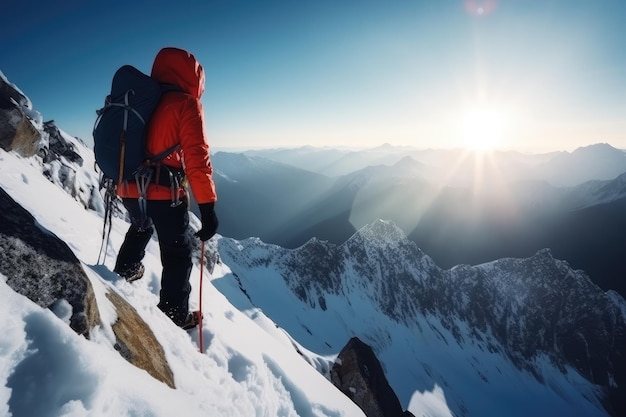 Hombre escalando montañas invernales generadas por IA