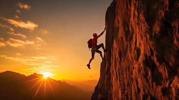 Un hombre escalando una roca con la puesta de sol detrás de él.