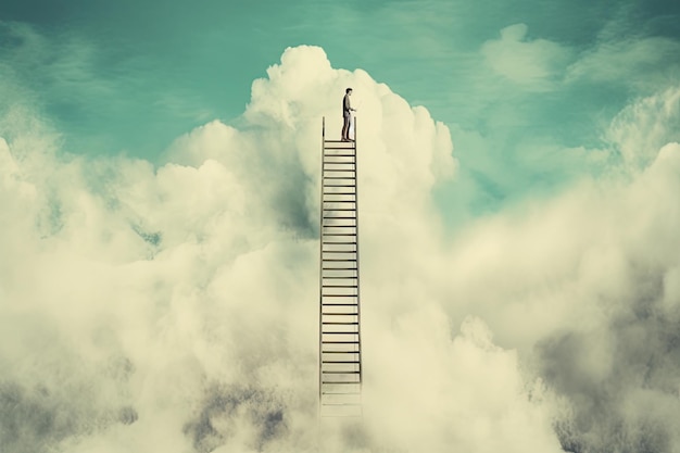Un hombre en una escalera en las nubes mira hacia el cielo IA generativa
