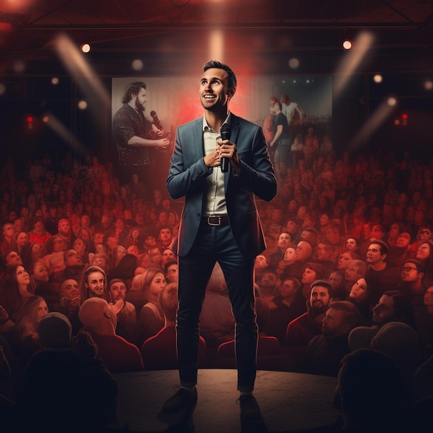 un hombre en un escenario con un micrófono frente a una gran audiencia.