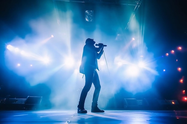 Un hombre en el escenario con un micrófono frente a las luces del escenario.