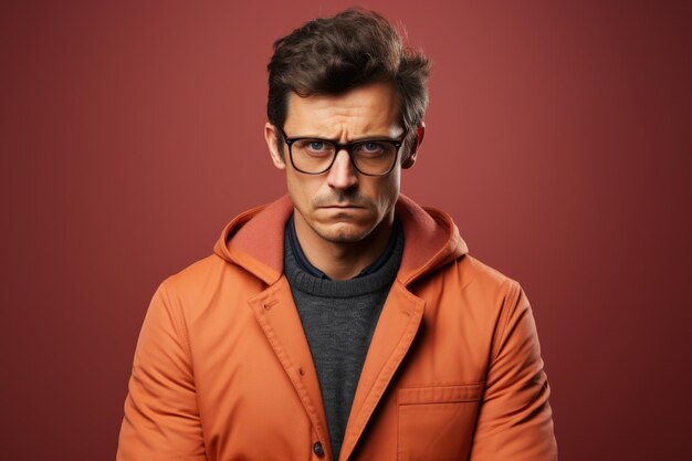 Hombre escéptico con gafas y chaqueta naranja
